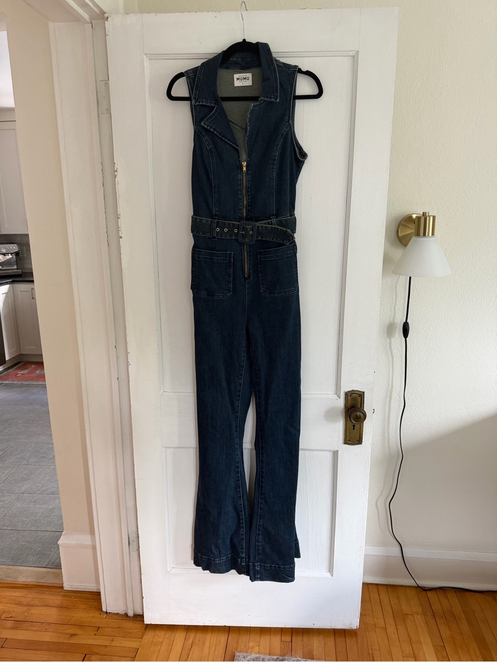 Show Me Your Mumu Dark Indigo Denim flare Jumpsuit with Belt
